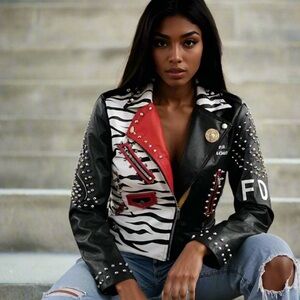 Studded Black and Red Faux Leather Jacket